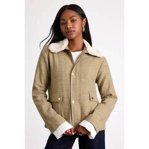 Lulus Bertie Beige Plaid Tweed Faux Fur Collar Jacket - Size XL